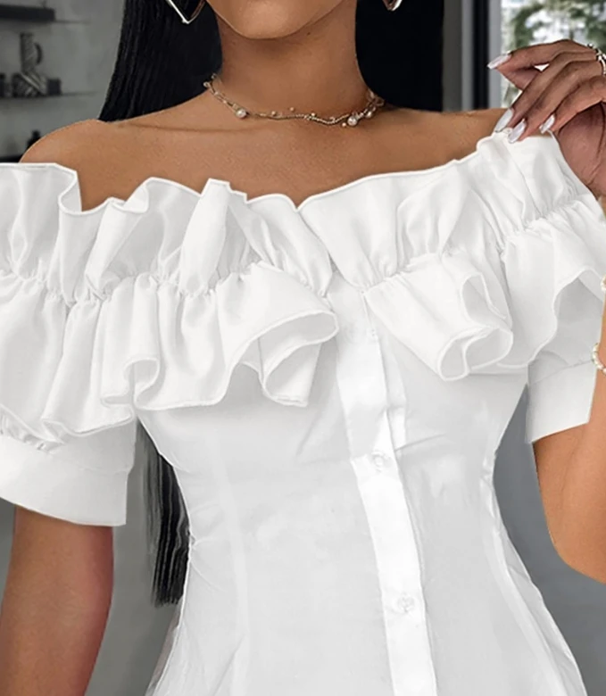 Fashion Womens Blouses 2024 Summer Buttoned Ruffles Asymmetrical Hem Off The Shoulder Top Casual Vacation White Shirt for Woman