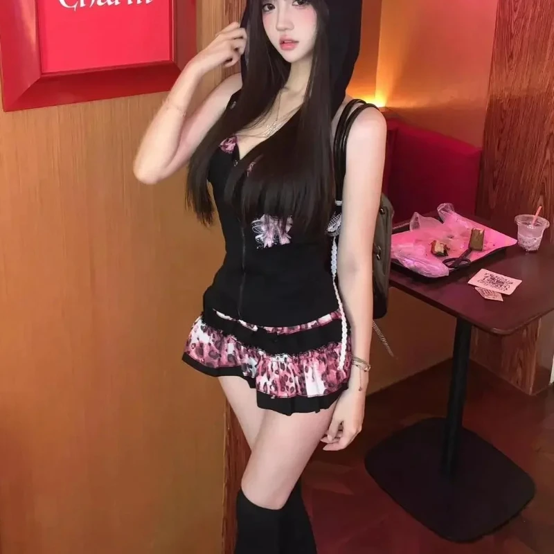 새로운 매운 소녀 스트리트 드레스 핑크 레오파드 패턴 세트 스커트 하라주쿠 스타일 Y2k 보우 지퍼 탑 컬러 스플 라이스 케이크 스커트