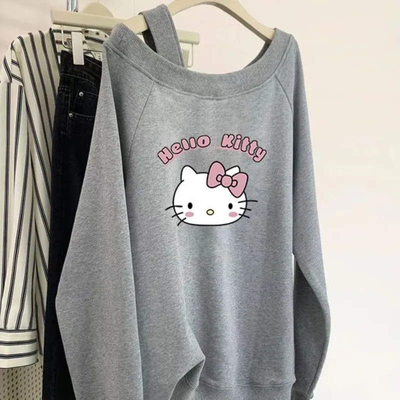 Hello Kitty Slanted Neck Off Shoulder Long Sleeved Hoodies Women\'s Autumn Winter Pure Cotton Pullovers Korean Version Casual Top