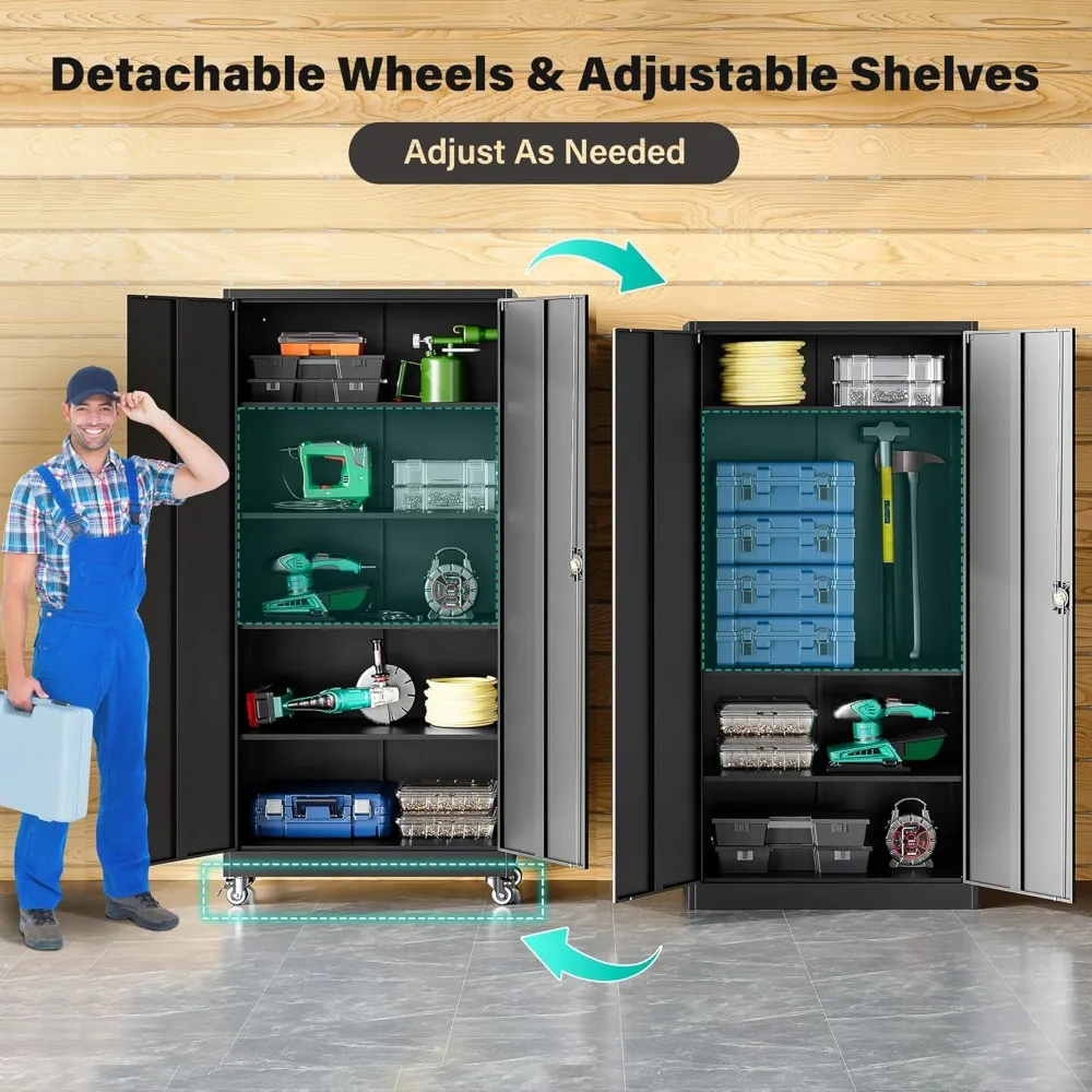 SISESOL Metal Storage Cabinet with Wheels,75 inch Tall Rolling Garage Storage Cabinet with Lock,Black Metal Cabinets with Wheels