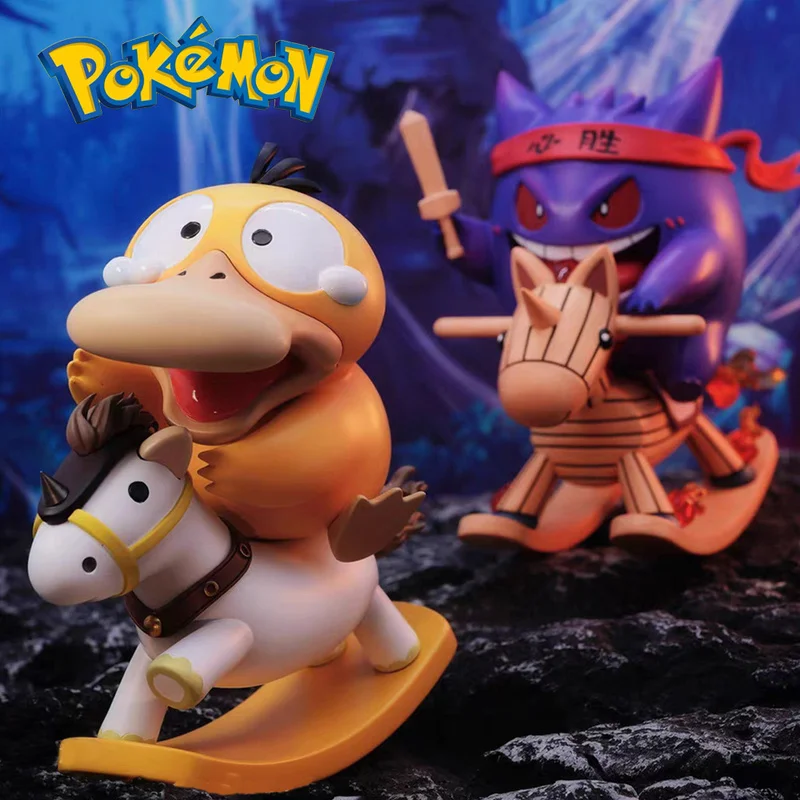 Pvc Pokemon Figures Psyduck Figure Gengar Riding A Rocking Horse Anime Figurine Statue Model Doll Children Toys Birthday Gifts