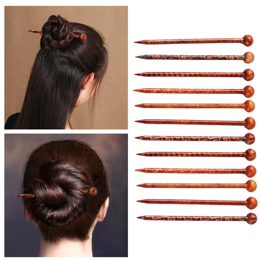 12x Retro Hair Sticks Printed Wood Hairpin Chopsticks for Women Men Hair Jewelry