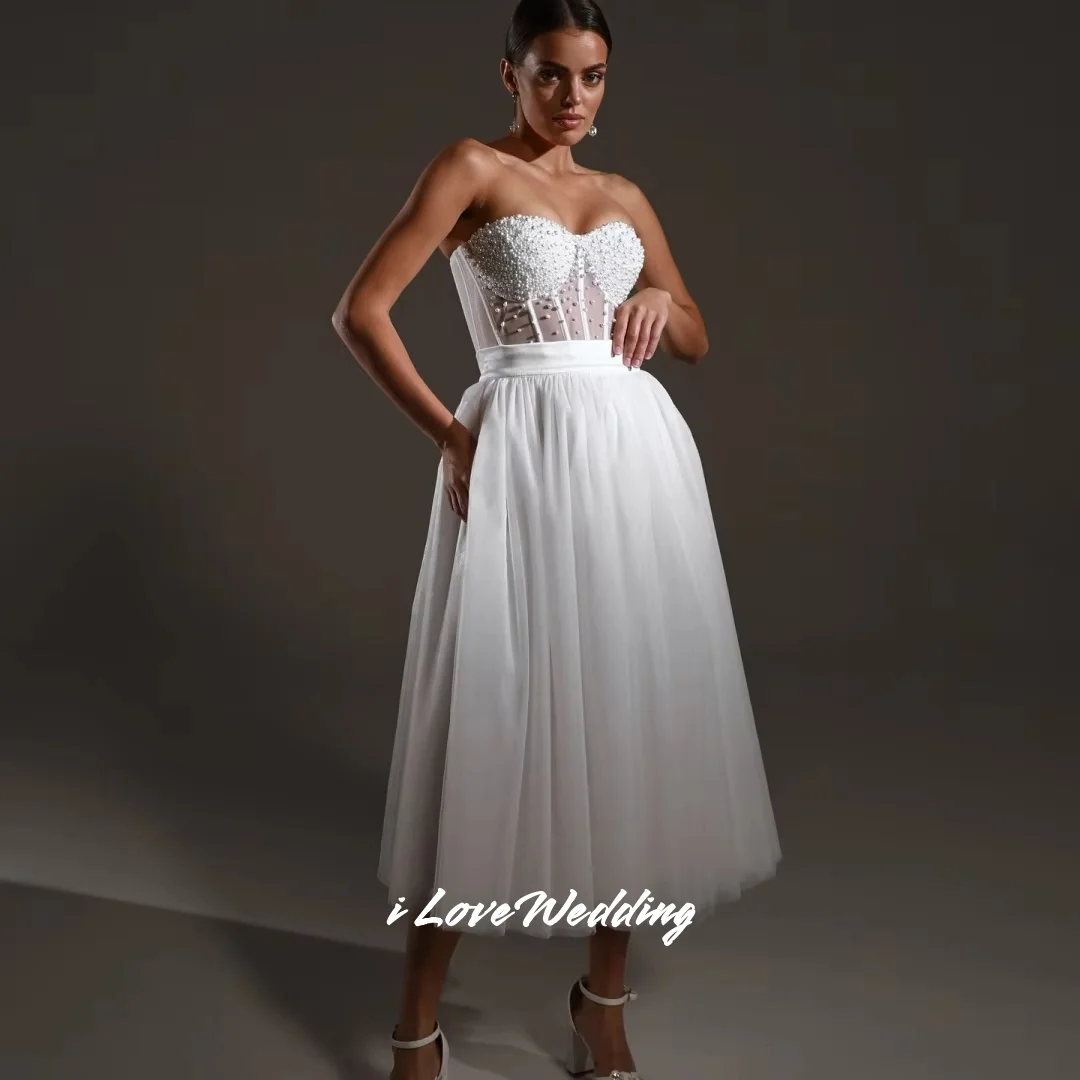 

White Strapless Prom Dress 2025 Backless Sleeveless Beaded A-Line Evening Dress Tea-Length Pleated Wedding Party Dress Customize