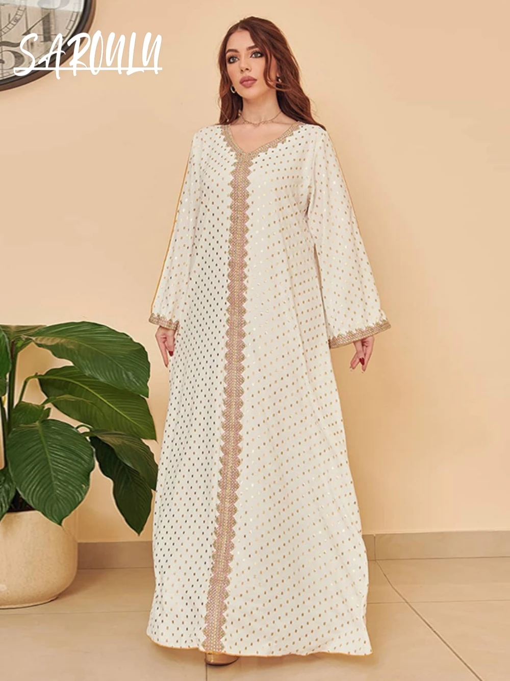

Muslim Gilding Elegant A Line Evening Dress, V Neckline Delicate Lace Prom Gown, Dubai Women Formal Events Wear, 11 Colors