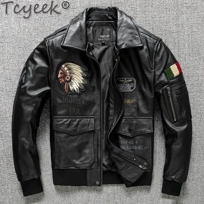 Tcyeek Cowhide Leather Jackets for Men Clothing Short Slim Flight Suit Gneuine Leather Coat Embroidery Casual Jacket Ropa Hombre