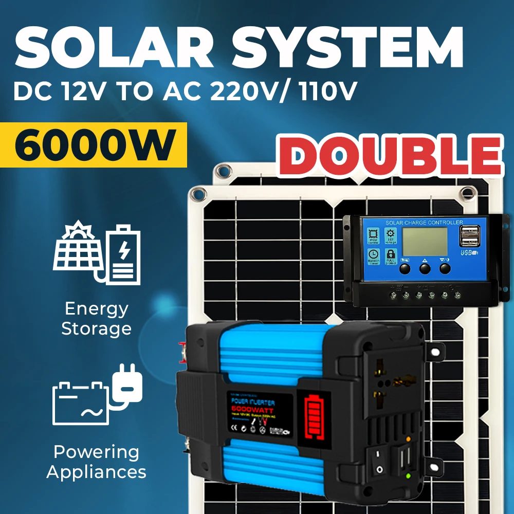 Solar Power System 6000W Inverter LCD Display Four USB Ports 12V Output Voltage 18W Solar Panel 30A Controller Outdoor Charging