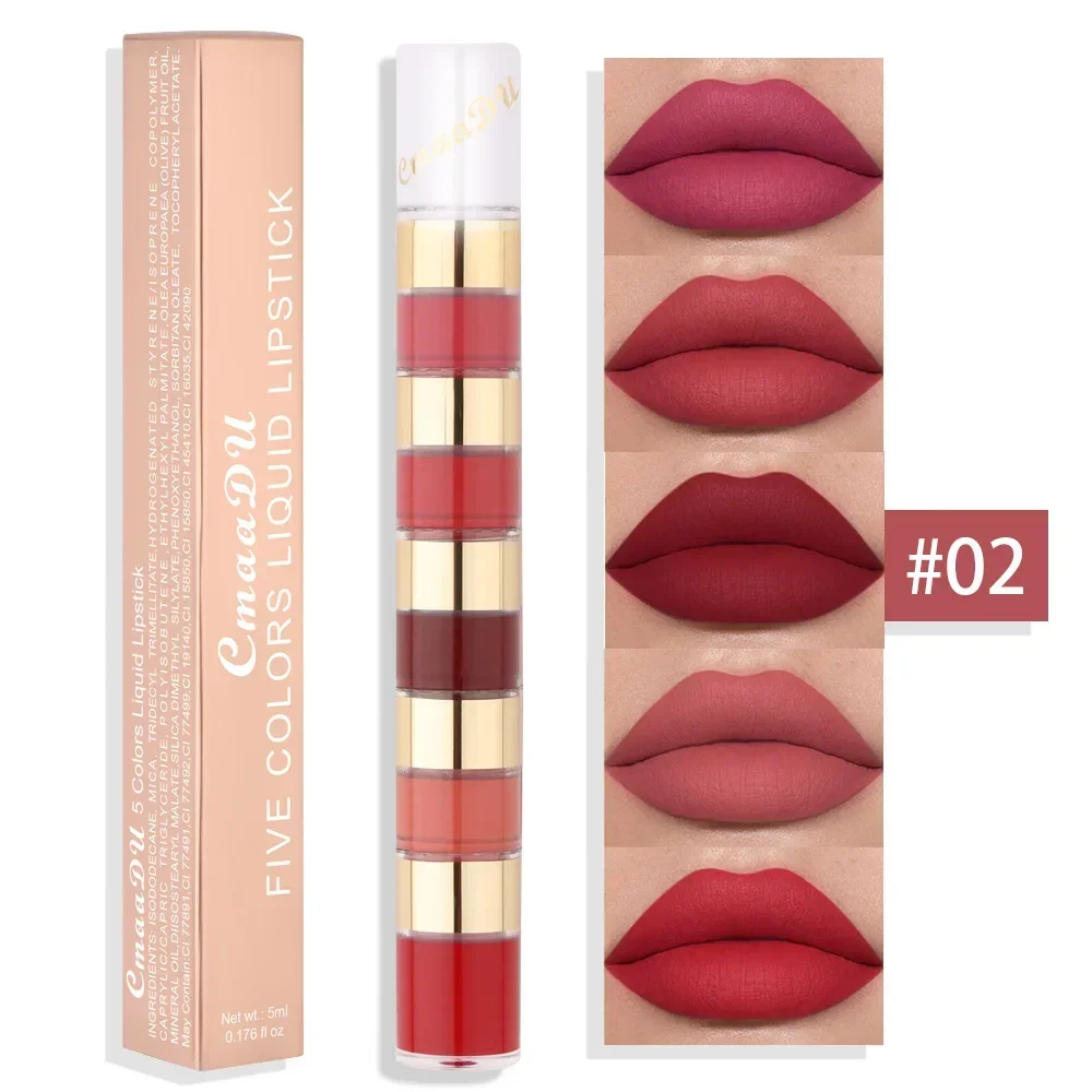 Heallor-lápiz labial portátil 5 en 1, lápiz labial resistente al agua, de larga duración, maquillaje, color rosa, mate, sólido y brillante