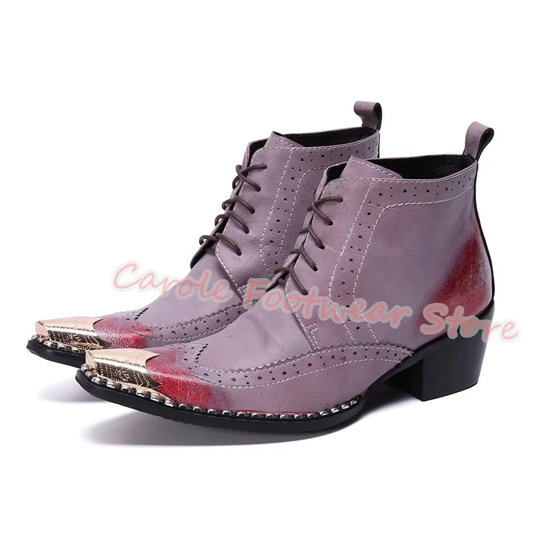 British Style Metal Square Toe Carving Brogue Boots for Men Mixed Color Rivet Decor Chunky Heel Chelsea Boots Male Lace-Up Boots