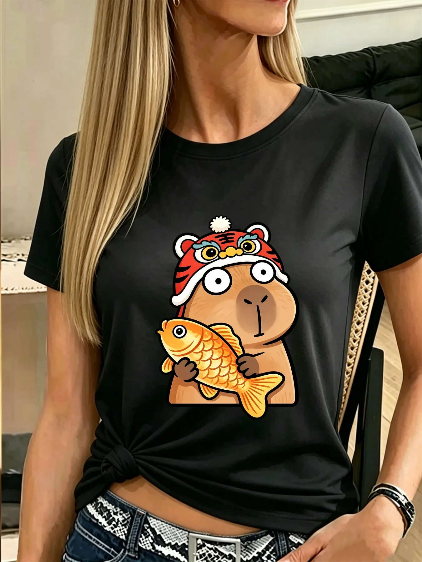 Cute Capybara With Tiger Hat Holding Golden Fish Kawaii Art Print Graphic Ladies T Shirt Short Sleeve Crew Neck Casual Tee Tops