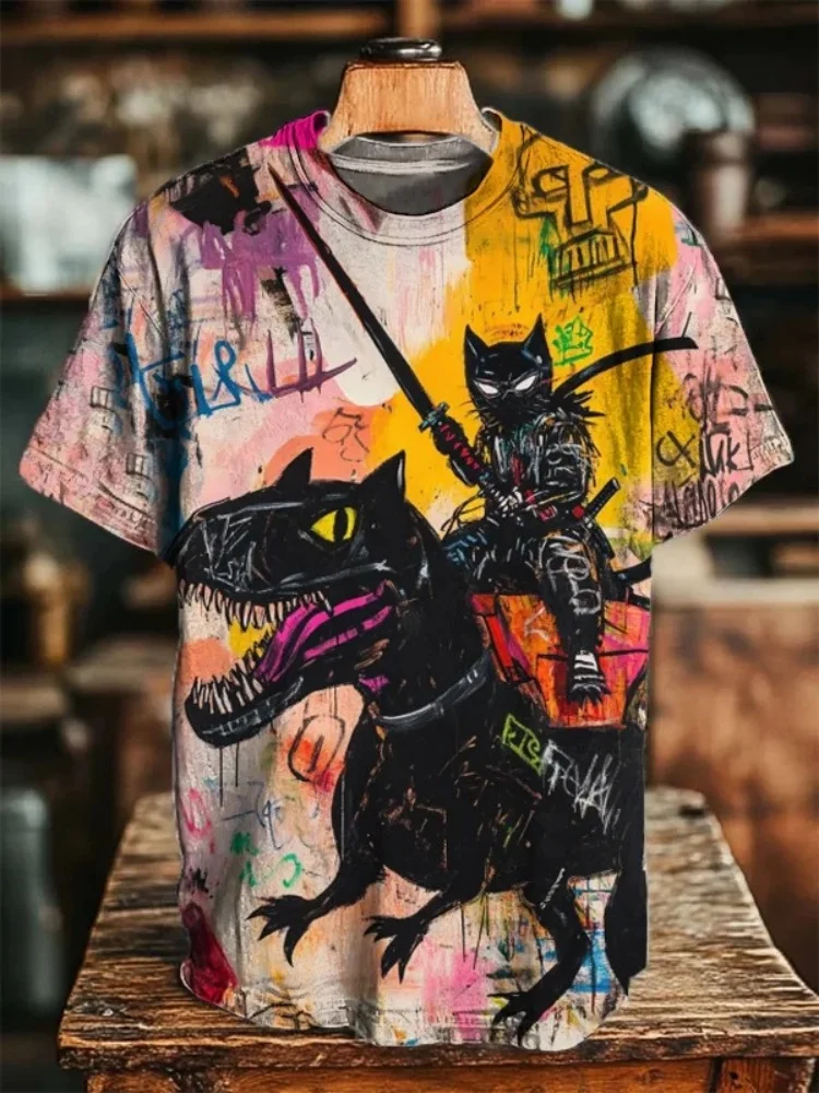 

Men's Summer Tops Korean Japanese Fashion Cat Warrior Ride Dinosaur To Fight Art Print T-Shirt Casual Long Sleeve Chic Tees Male