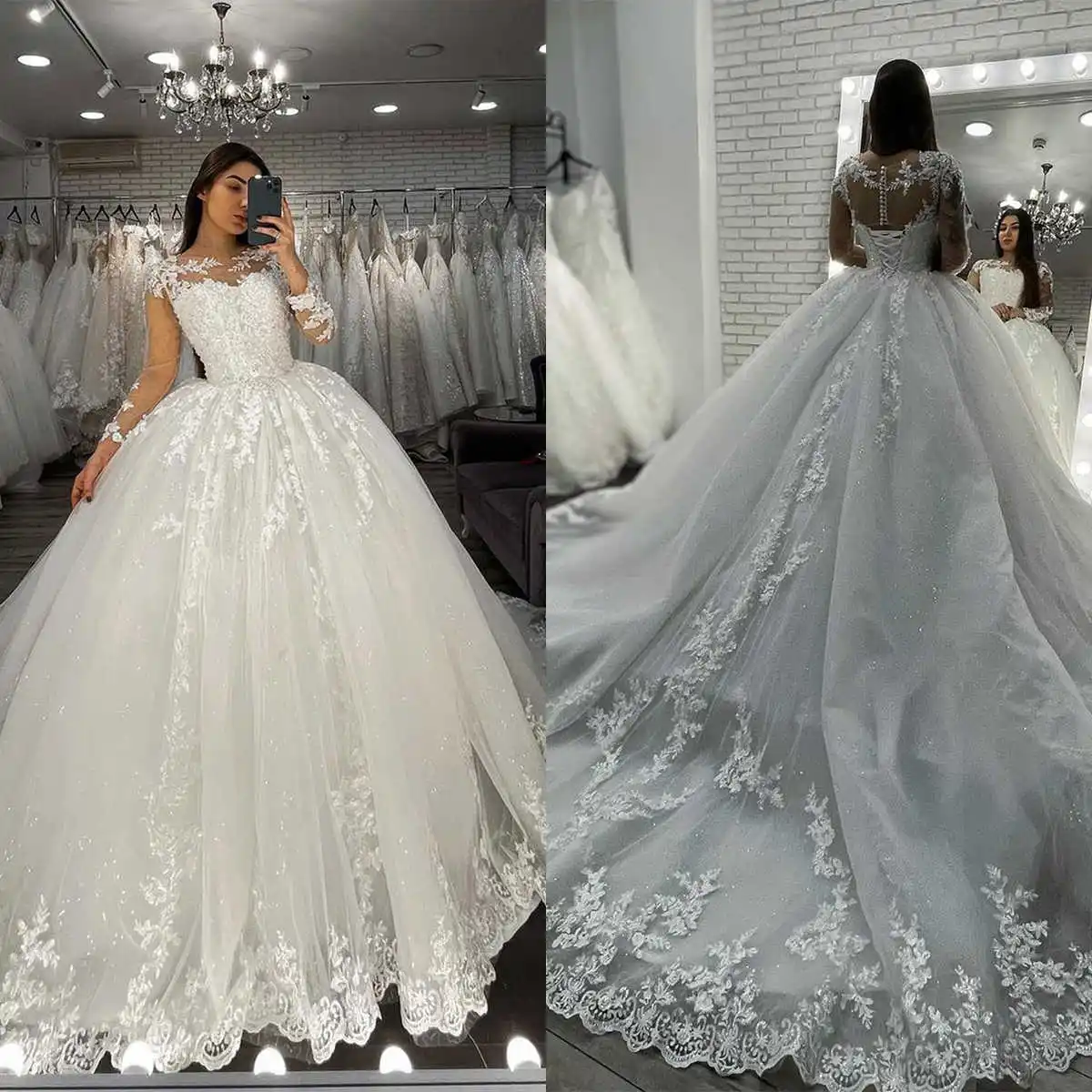 

Fairy Ball Gown Wedding Dresses Appliques Lace Bridal Gowns O-Neck Big Size Long Sleeves Vestidos De Novia Custom Size Colour