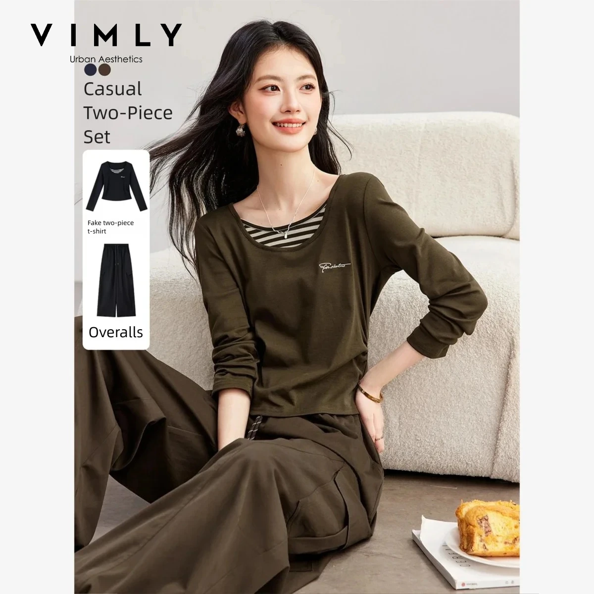VIMLY Brown Two‑Piece Set Women 2026 Fall Casual Commuter Fake Two‑Piece T‑shirt Cargo Baggy Wide-leg Pants Matching Set 31750