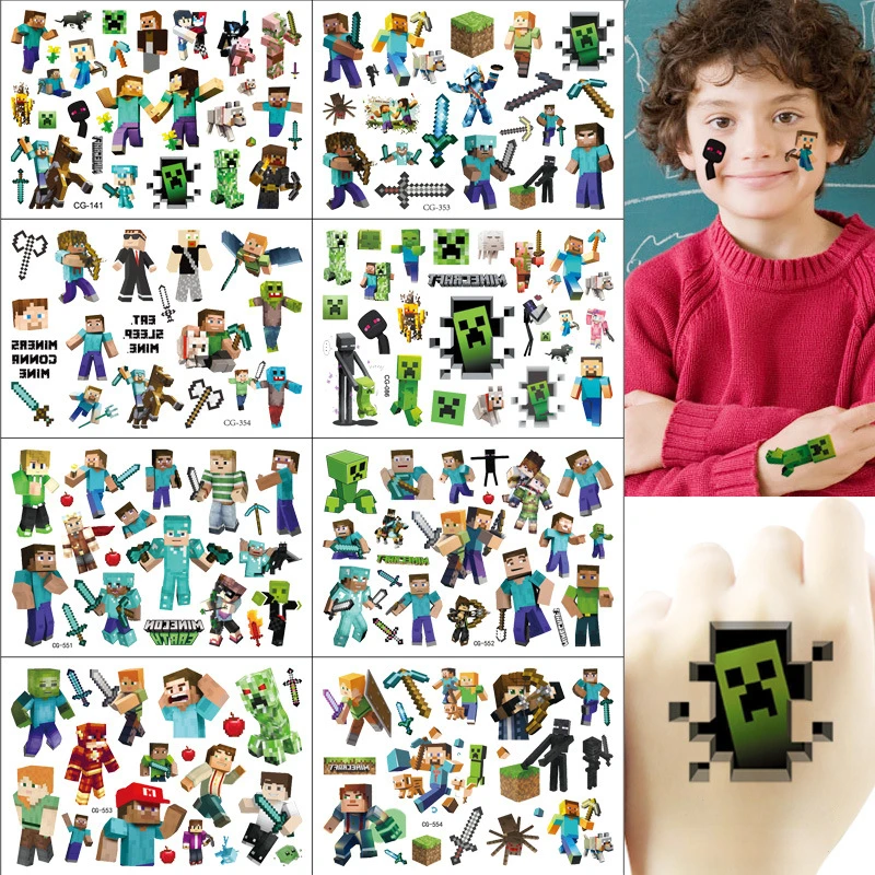 Minecraft Game Theme Cartoon Tattoo Stickers For Children's Birthday Parties DIY Decoration Boys Disposable Tattoo Stickers Toys