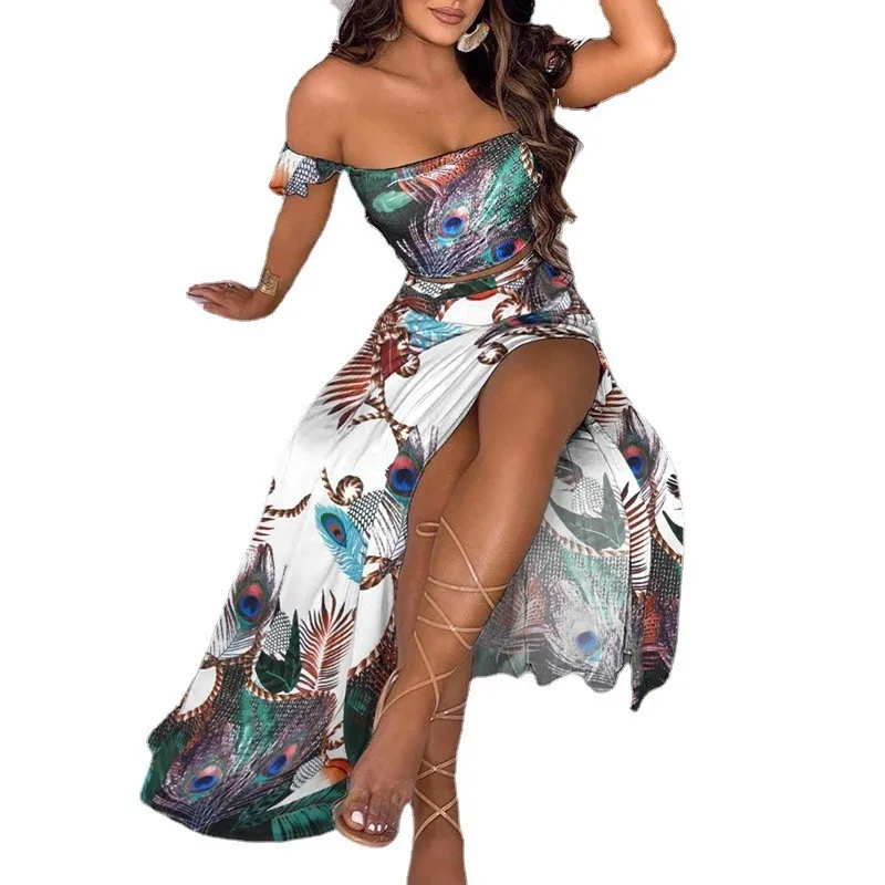 

Women Sets Dress Two Piece Off Shoulder Top Floral Print Skirt Dresses High Waist Maxi Dress A Line Boho Dress Sunflower Print