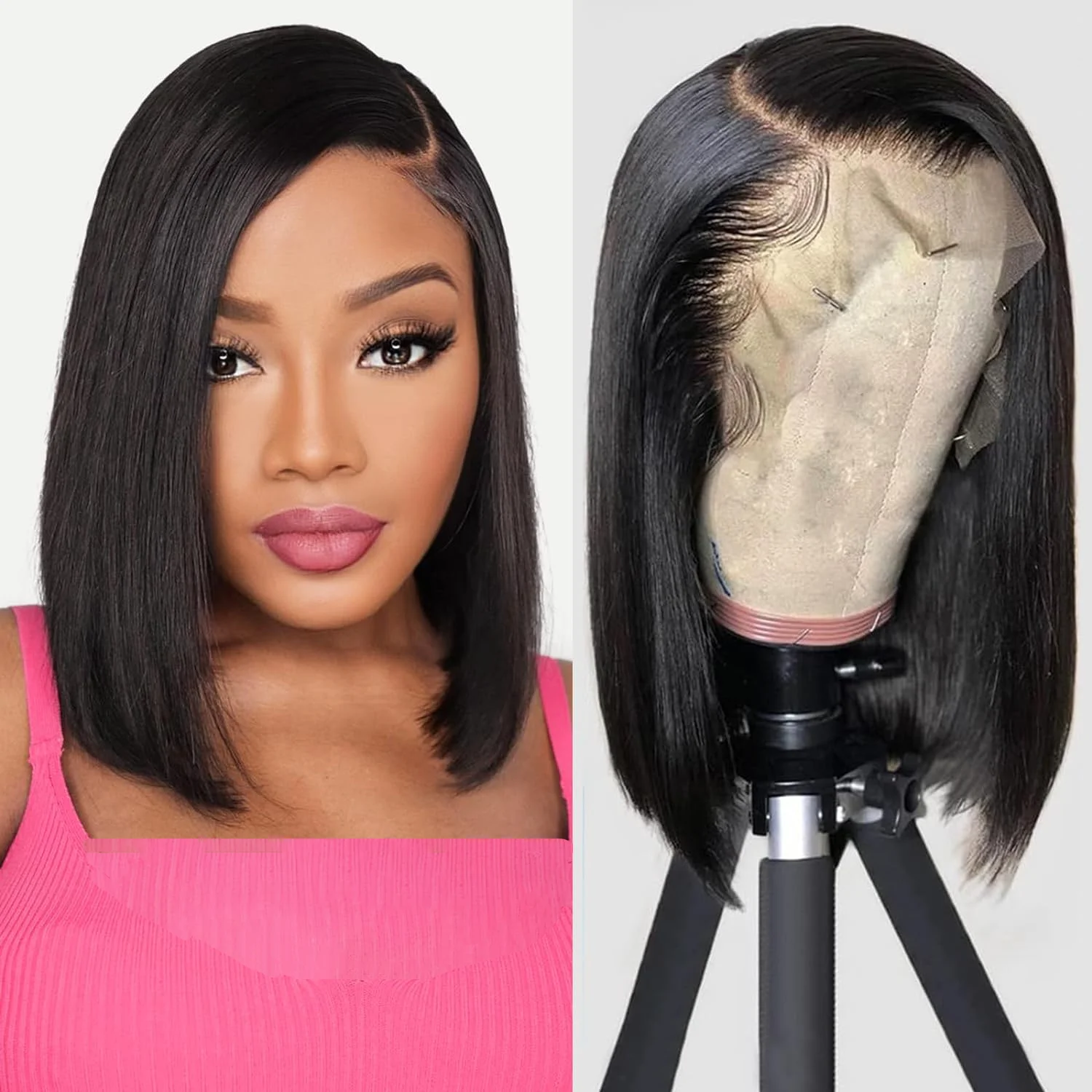 

13x4 Full Frontal HD Transparent Lace Short Straight Bob Wigs Brazilian Pre Plucked Wig For Women Remy Human Hair 220% Density