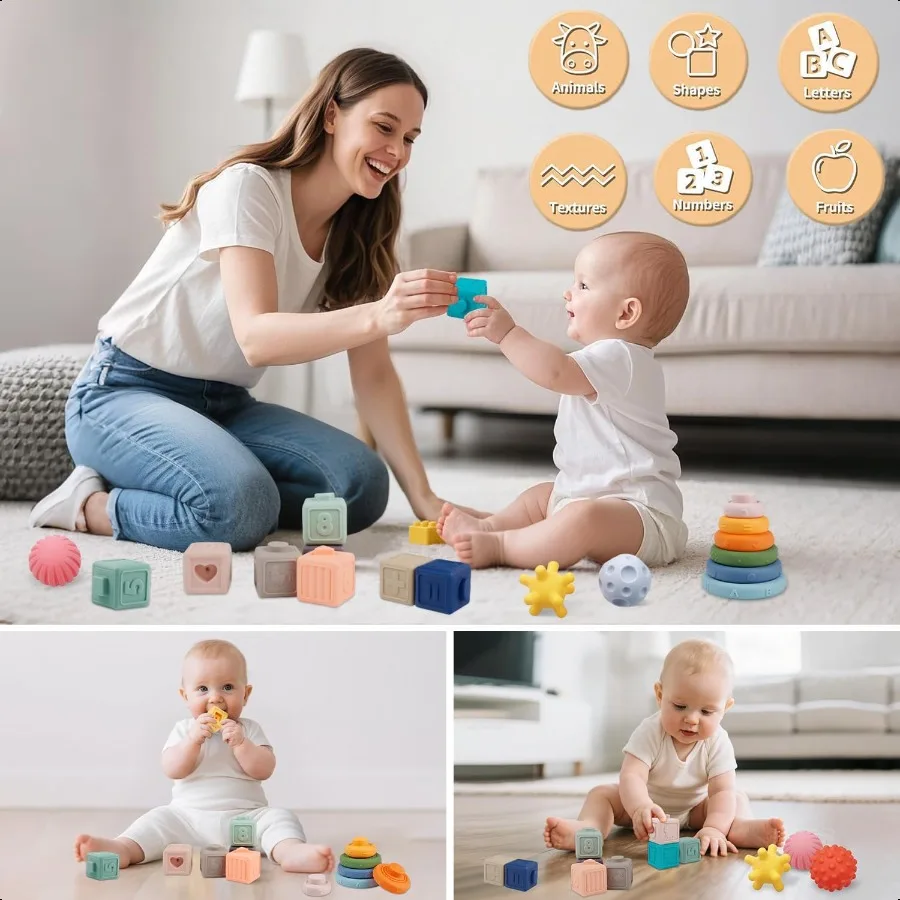 Montori Toys Soft Stacking Building Blocks Rings Balls Sets 3 in 1 Baby Toys Bundle for Babies 612 Months Sensory for Toddlers