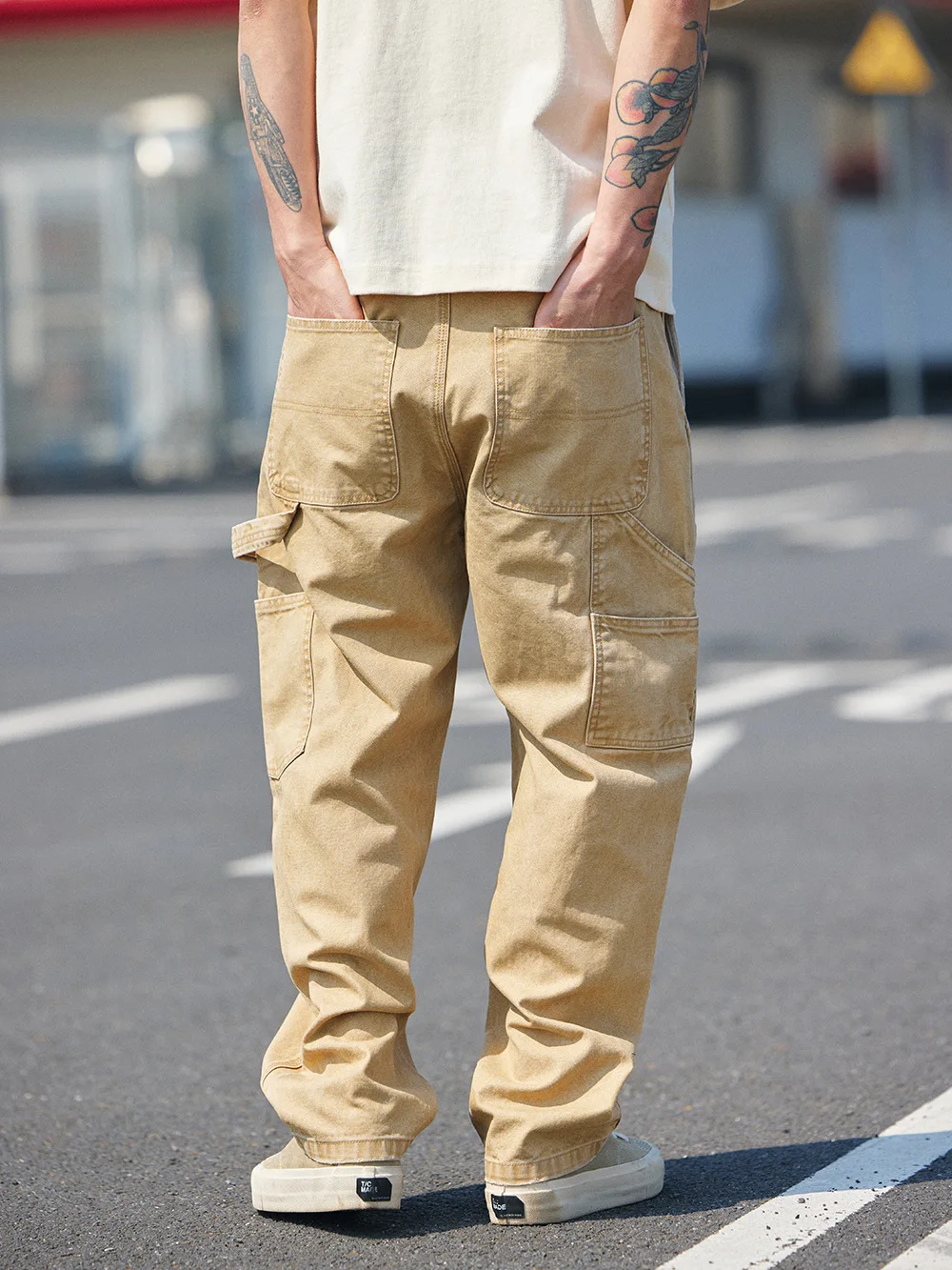 Retro Japanese Style Loose Fit Straight Leg Casual Pants for Men with Double Strand Beads Washed out Weathered Look