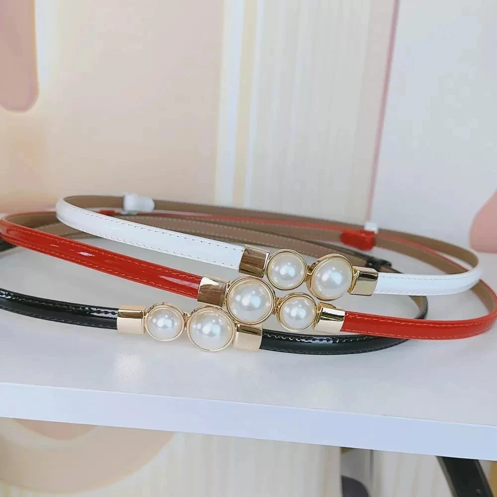 Fashion Adjustable Belt Women Genuine Leather Faux Pearl Buckle Thin Belt SkinnyWaistband Dress Coat Belt