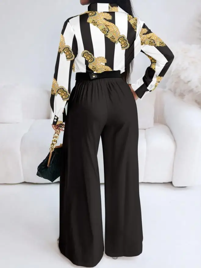 Ensemble deux pièces pour femmes, tenue rayée, imprimé Floral doré, col rabattu, boutons sur le devant, haut et pantalon décontracté, taille haute, jambes larges