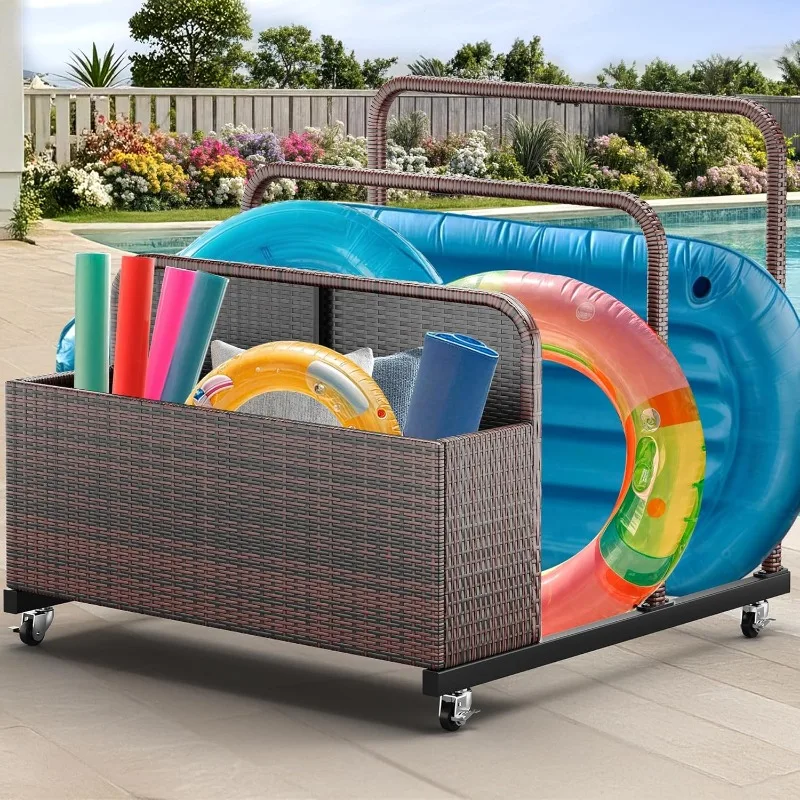 Contenitore galleggiante per piscina da patio in vimini per esterni, contenitore galleggiante per piscina con rotelle in rattan PE per cuscini, galleggianti, tagliatelle, Life V