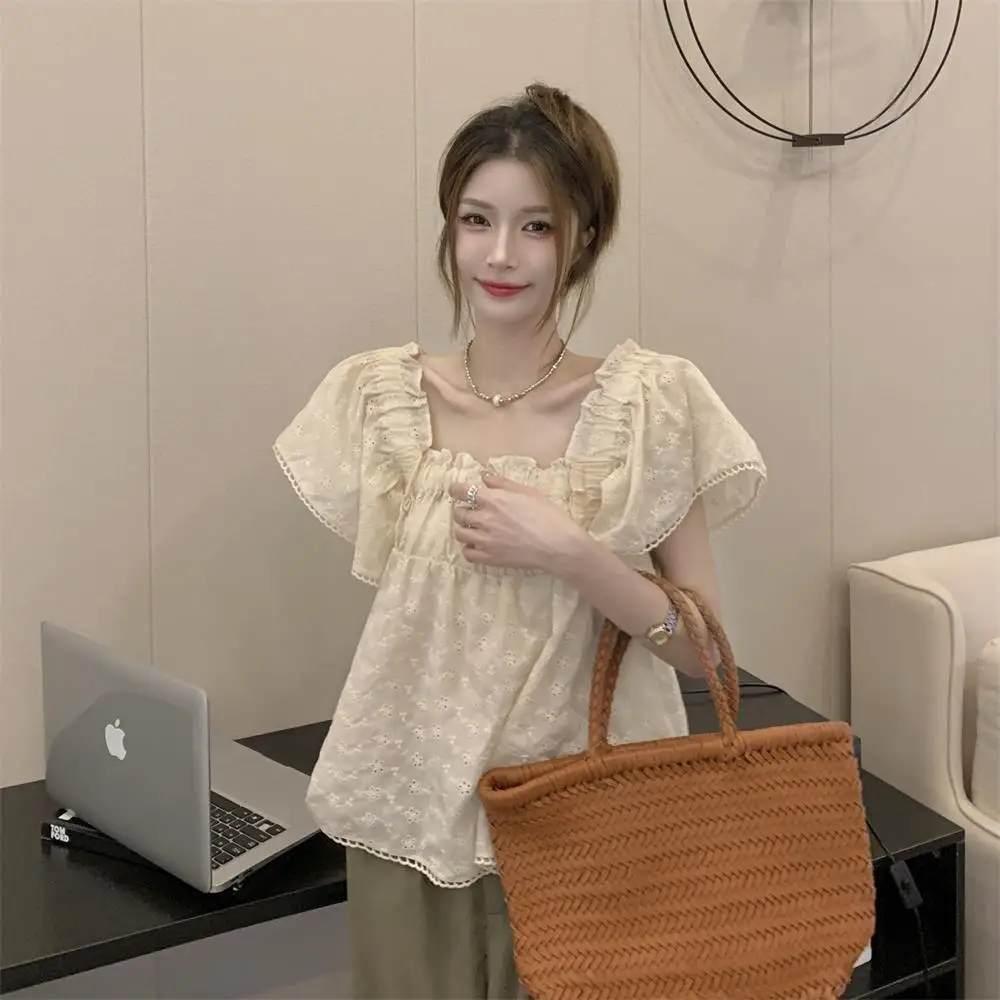 French Blouses Women Square Collar Loose Summer Elegant Cozy Basic Office Lady Blusas Tops All-match Flying Sleeve Design Thin