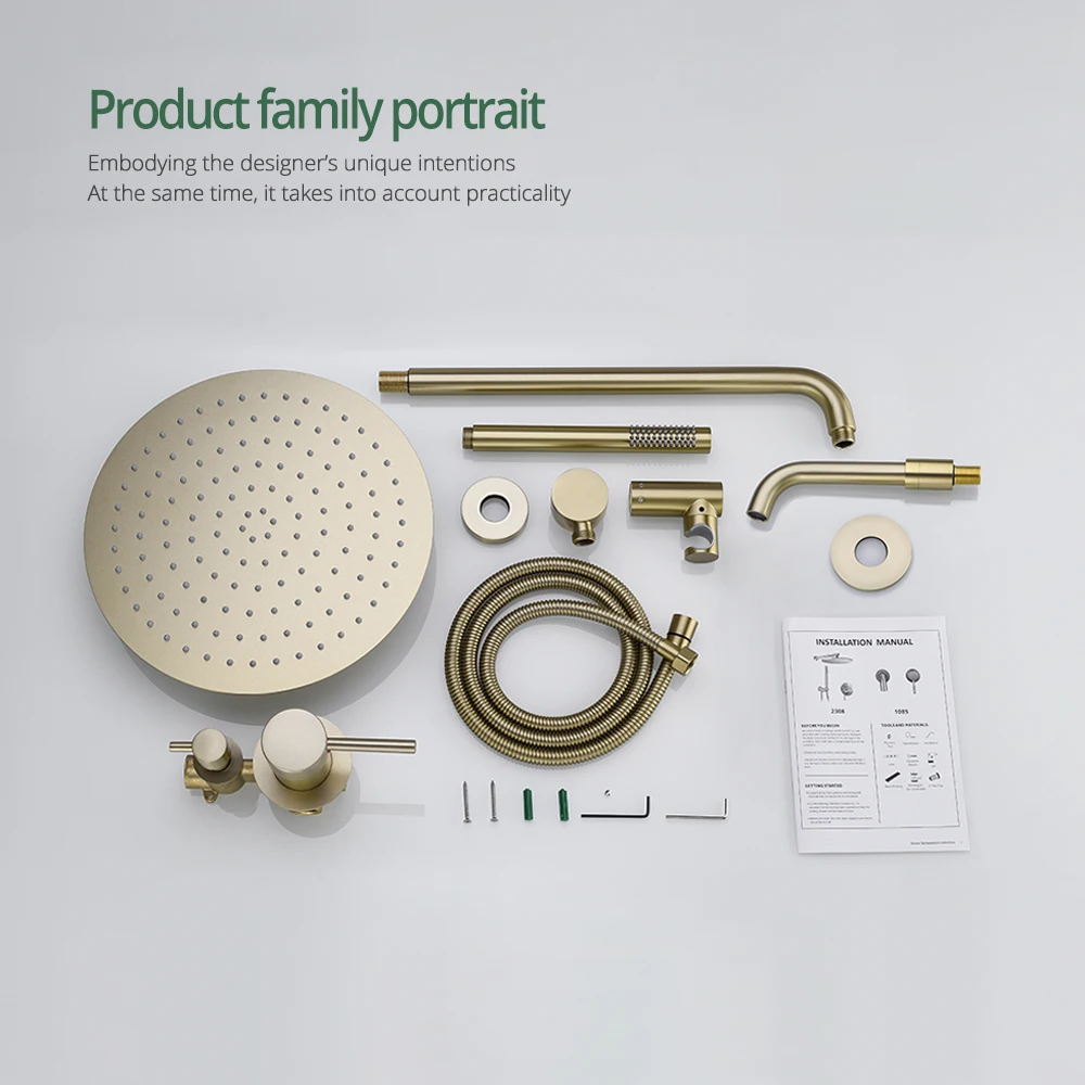 Imagem -06 - Conjunto de Sistema de Chuveiro de Torneira de Banheiro de Ouro Escovado Funções Válvula Desviadora de Chuveiro Redonda 10 12 16 Espaços Torneira de Chuveiro com Banheira