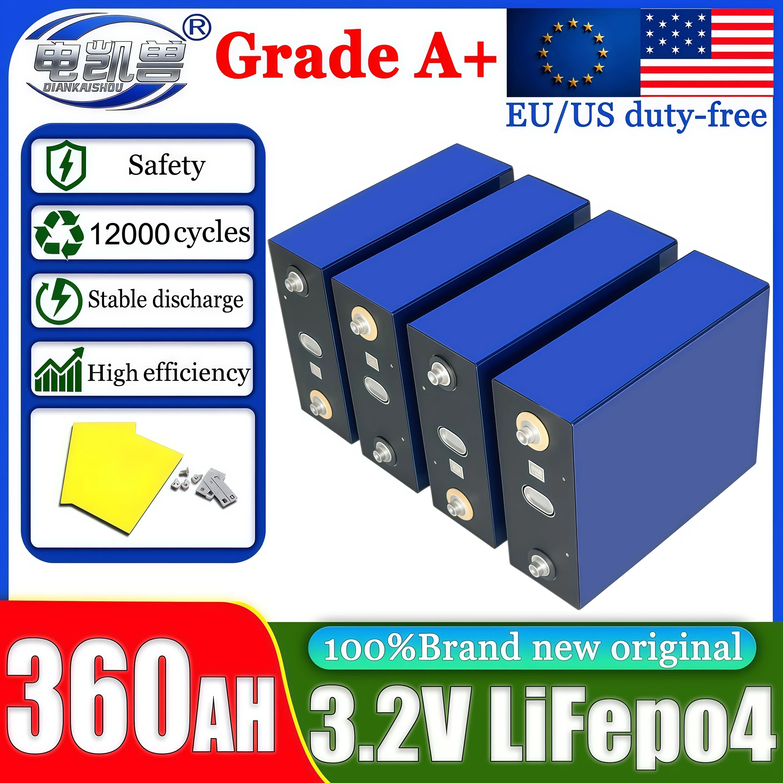 Аккумулятор LiFePO4 класса А, 3.2В, 360Ач, 12000+ циклов, 12В 24В 48В, абсолютно новый, для кемпинга, автодомов, лодок, яхт, гольф-каров, погрузчиков, солнечных батарей
