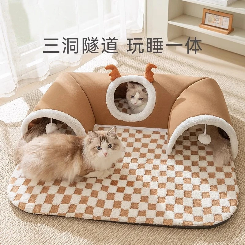 Deer‑Shaped Cat Tunnel Bed, Play‑Sleep Integrated Hideaway Nest Warm Winter Cave Bed for Cats Small Dogs Indoor Rest
