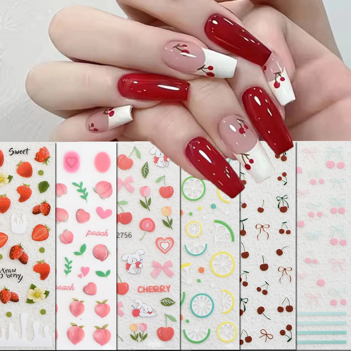 3d Nail art Stickers Cherry Strawberry Lemon Peaches Fruits Nail Decals For Nail Decorations Manicures Beauty