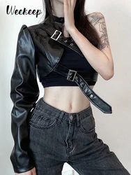 Weekeep Gothic Schwarz PU Leder Jacke Frauen Eine Schulter Halter Schnalle Hüfte Hop Outfits Mode Streetwear Cropped Jacken Solide