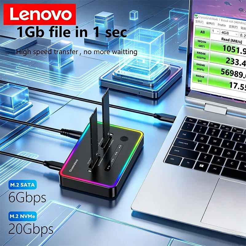 

Док-станция Lenovo Offline Clone Dual Protocol M.2 SSD с двумя отсеками для SSD-накопителей PCIe NVMe или SATA, Type-C, 10 Гбит/с