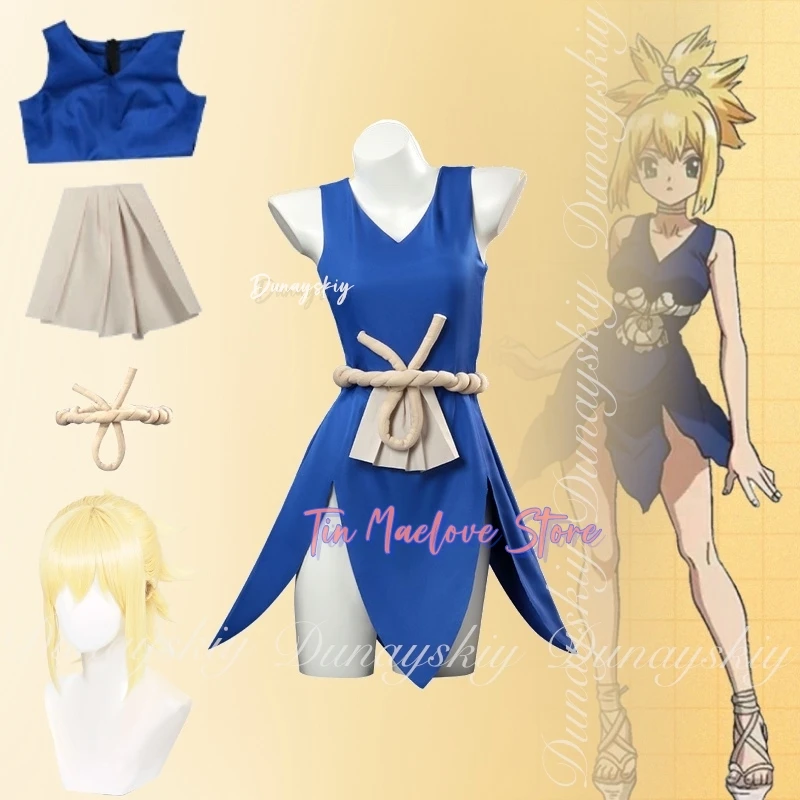 

Аниме Kohaku Косплей Победитель соревнований Strongest Warrior с синим платьем с желтым париком Косплейコス AI полное костюм