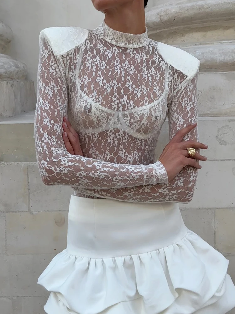 

Oniflyme Sheer Lace Sexy Women Bodysuit Elegant Hollow Out Round Neck Long Sleeve Bodycon Tops Fashion Streetwear Party Overalls