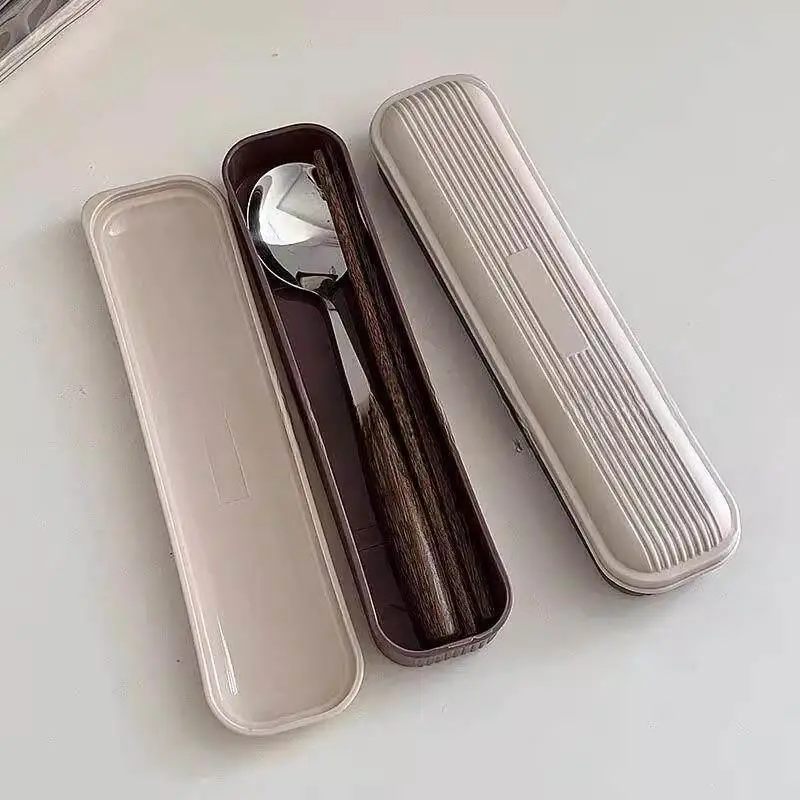 Portable  Wood Chopsticks Spoon Set with Storage Box Retro High-End Feelings for Work One Person Student Dining Utensils