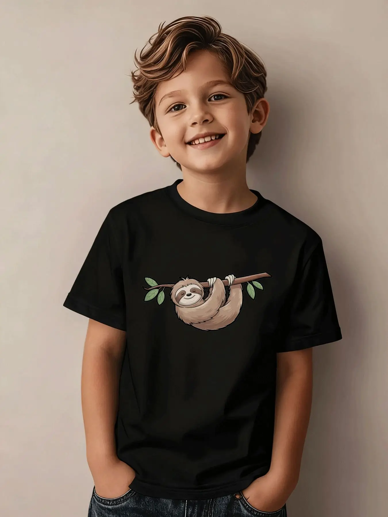 Children's Summer Leisure Lazy Bear Lazily Hanging on Tree Branches T-shirt Summer Holiday Gift Daily Parent-child Wear