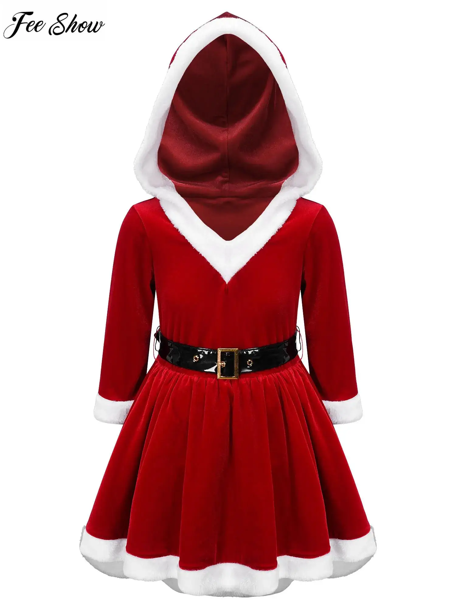 Vestido de Navidad de manga larga con capucha para niños y niñas, falda interior de tul con borde blanco, cinturón, terciopelo suave, Sra. Santa, fiesta