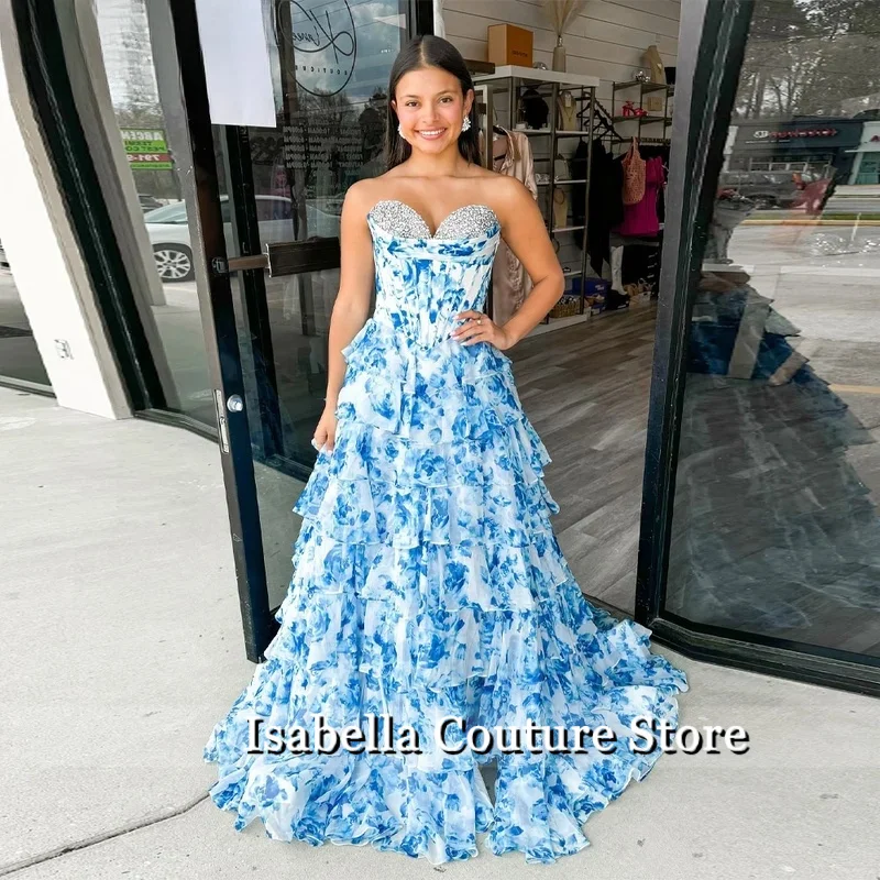 

Blue A-Line Sweetheart Party Dress Crystals Pleats Night Dress Sleeveless Tiered Layer Floral Prom Dresses Customized