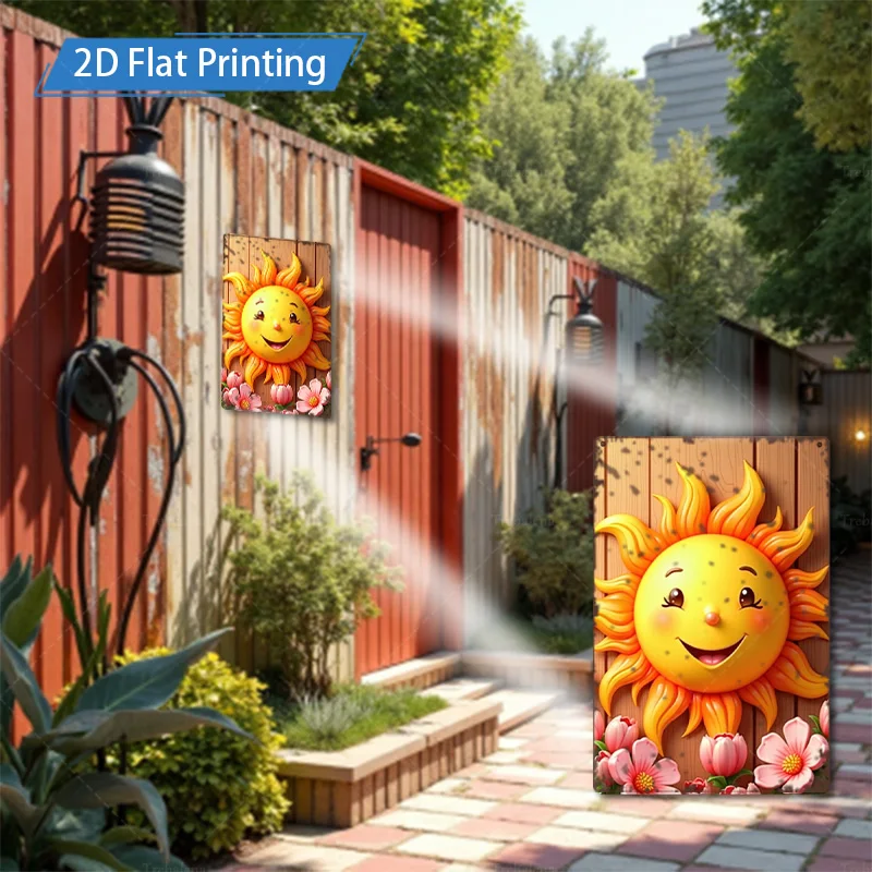 1 ชิ้น 8x12 นิ้วป้ายโลหะ "ที่มีเสน่ห์ดวงอาทิตย์และดอกไม้ 2D การพิมพ์แบนชนบทตกแต่งผนังศิลปะ"