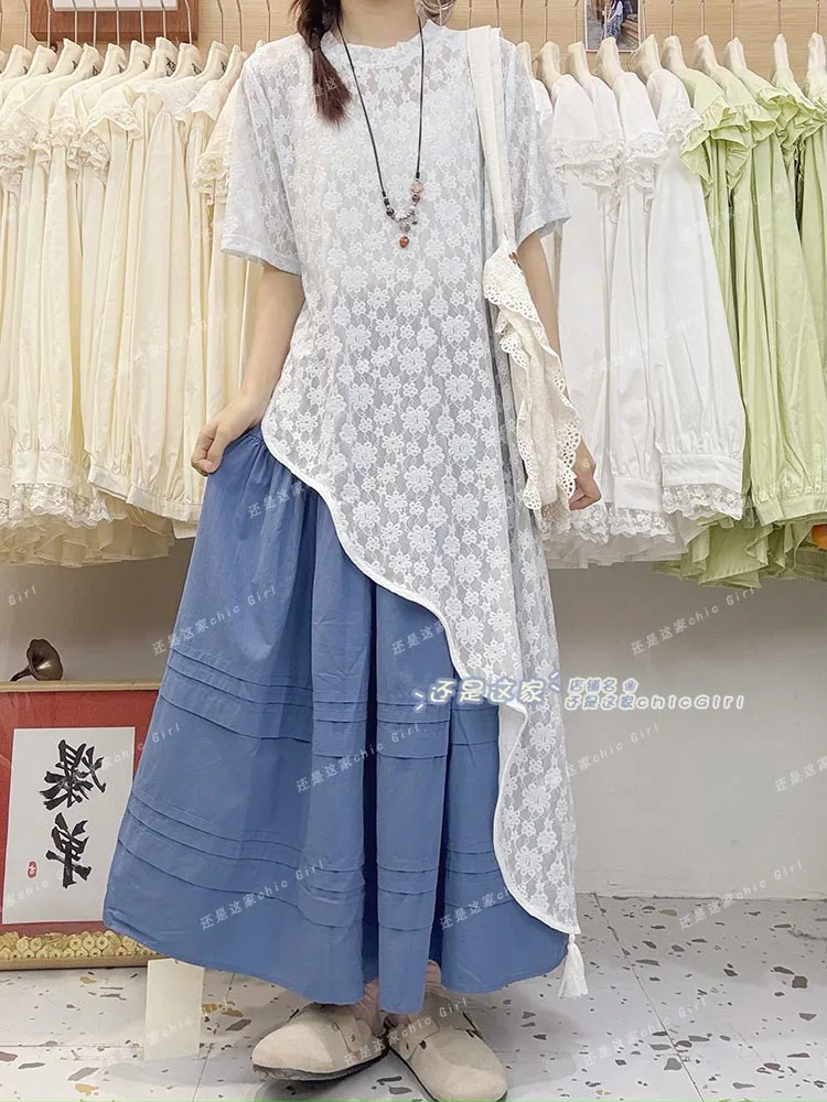 2025 sommer Neue Japanische Mori Unregelmäßigen Saum Spitze Hemd Gestapelt Kurzen ärmeln T-shirts Top Lose Beiläufige Medium Lange T-shirt kleid