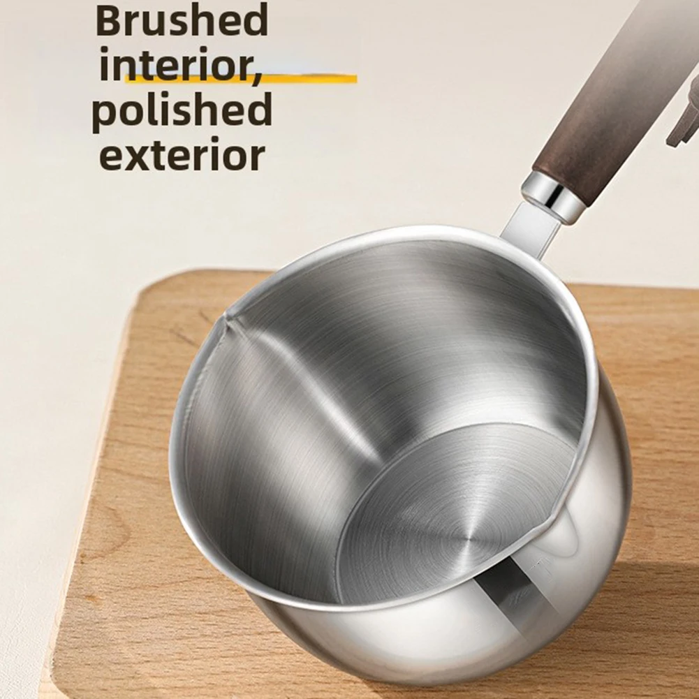 Stainless Steel for sauce Pot with Natural Wood Handle for Butter Warming Milk Heating Oil Drizzling and for caramel Tasks