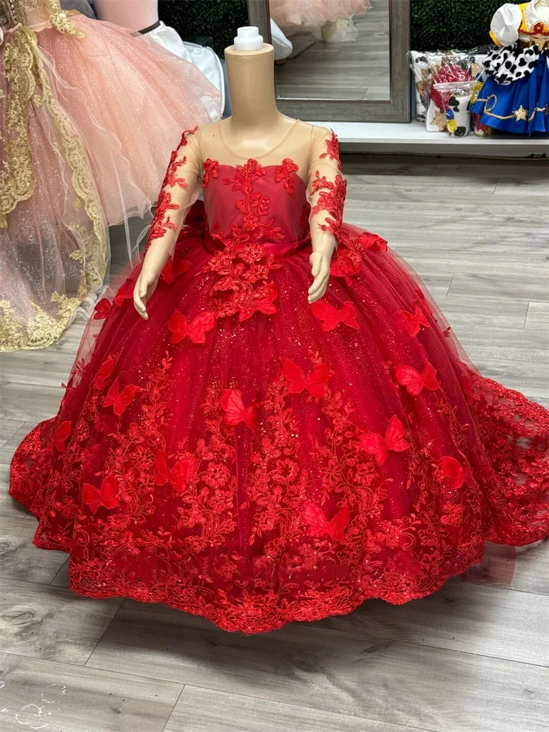 Butterfly Applique Red Flower Girls Dress Beading New Design Long Sleeves  Luxury Birthday Party Gown Photoshoot Ball Gown