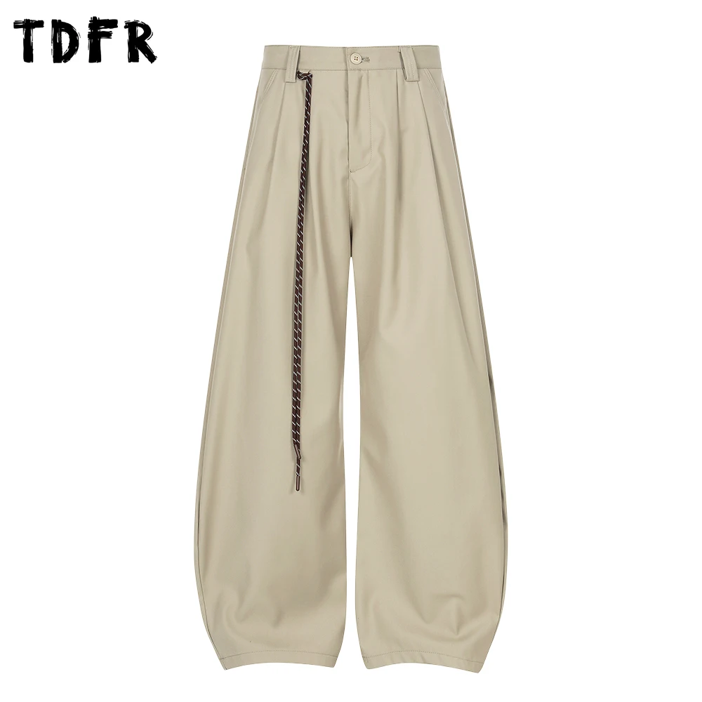 Pleated Wide-Leg Casual Pants Mens Retro Baggy SolidColor Trousers Man
