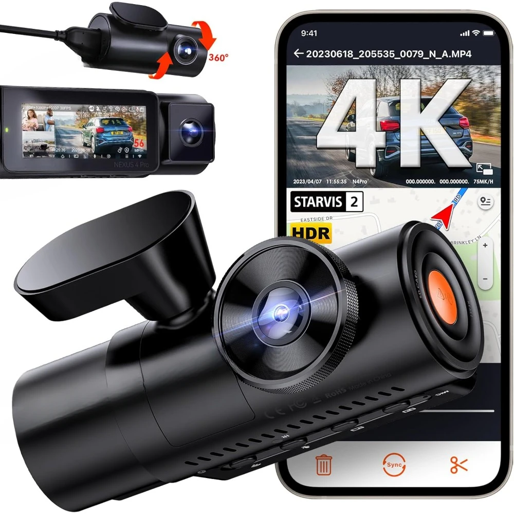 HDR Night Vision, 4K+1080P+1080P Front Inside and Rear Car Camera, Voice Control, GPS, 24H Parking Mode, Support 512GB Max