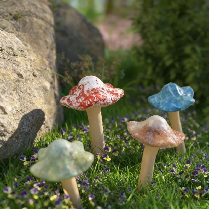 4 Pieces Fairy Mushroom Garden Decoration 11.5cm High Pottery Sculpture Random Color Landscape Ornament