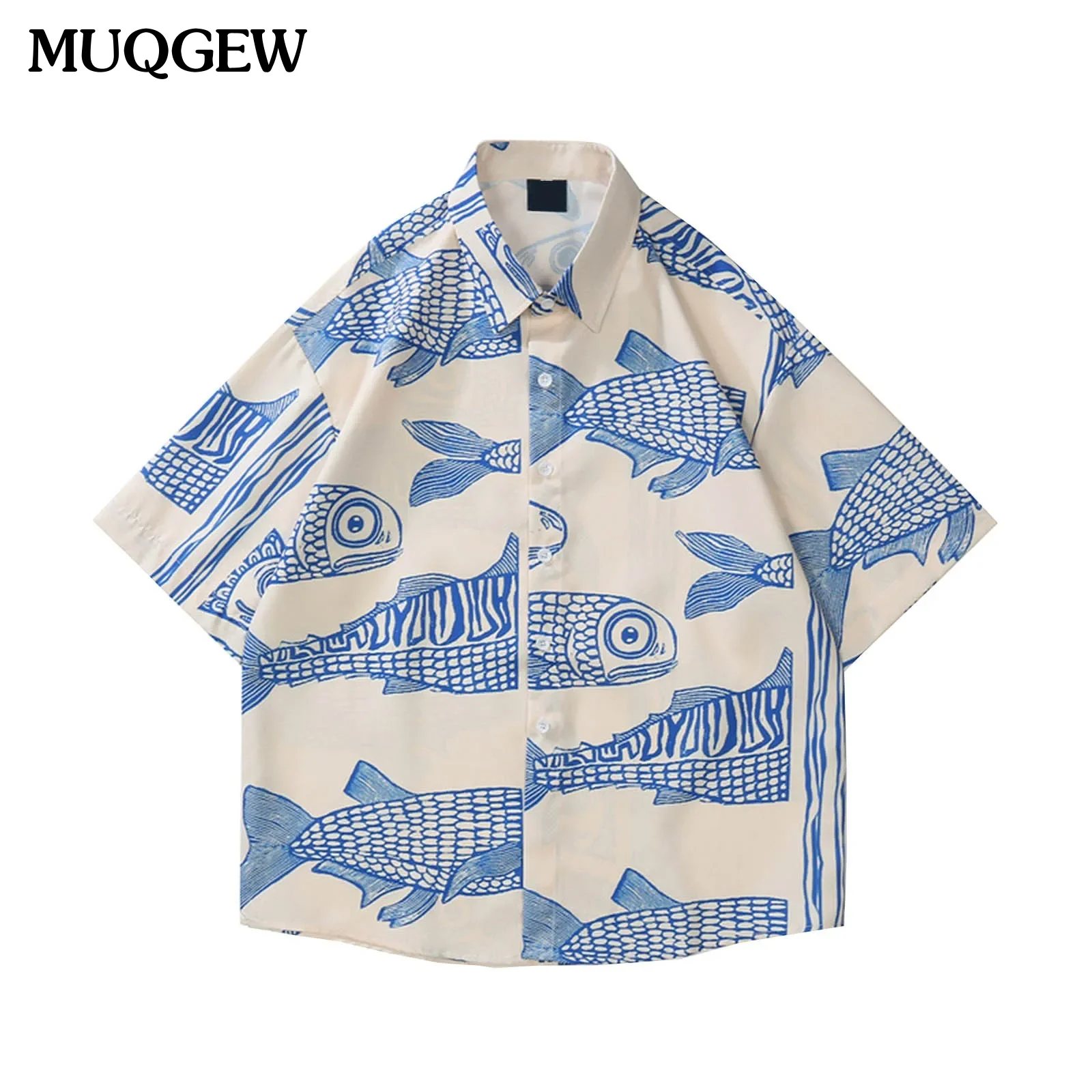 

Men's Shirt Tops Oversized American Style 2024 Summer Street Shirt Fashion Small Fish Print New Personalized Mens Casual Shirts