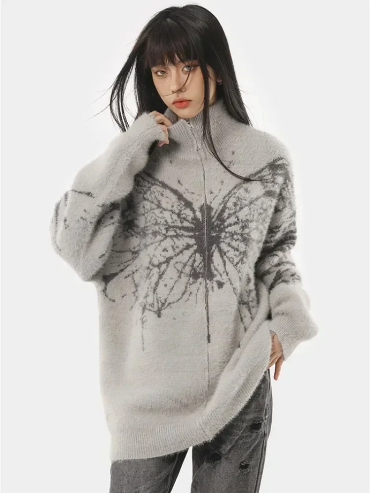 Deeptown Fluffy Oversized Butterfly Zip Up Cardigan Women Grunge Y2k Streetwear Knit Sweater Black Gray Vintage Long Sleeve Tops