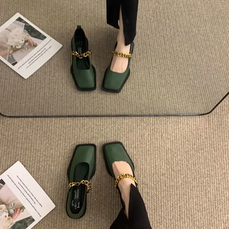 

Women's Vintage Square Toe Loafers with Metal Chain 2025 New Arrival British Style Versatile Mary Jane Flats