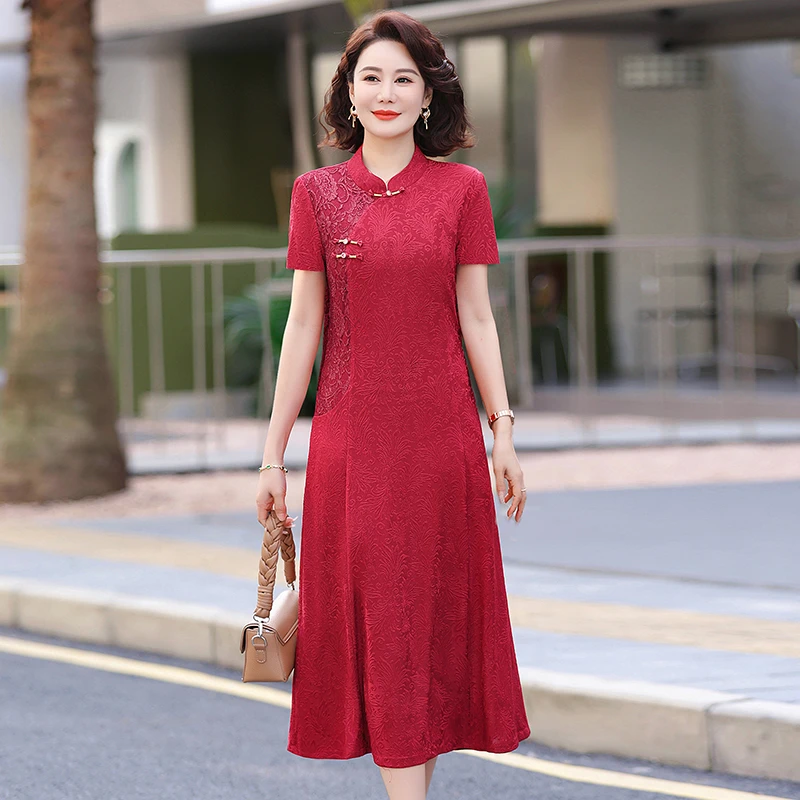Retro Women Chinese Style Embroidery Lace Patchwork Elegant Wedding Party Dresses Red Chic short Sleeve Slim Cheongsam Midi Dres