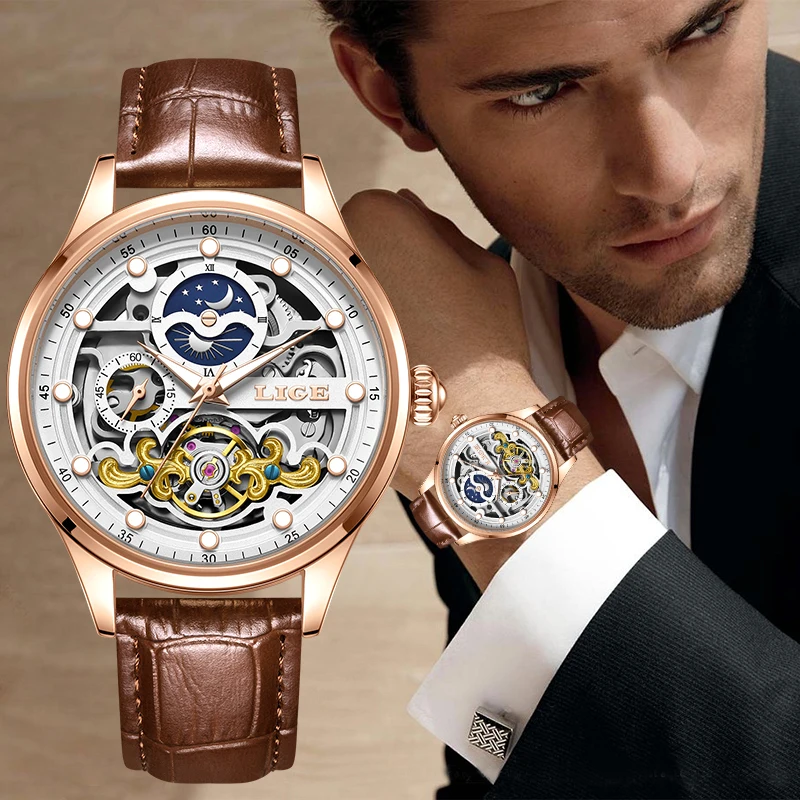LIGE Retro Business Skeleton Man Mechanical Watch Fashion Luxury Tourbillon Automatic Luminous Watches for Men Reloj Hombre+Box