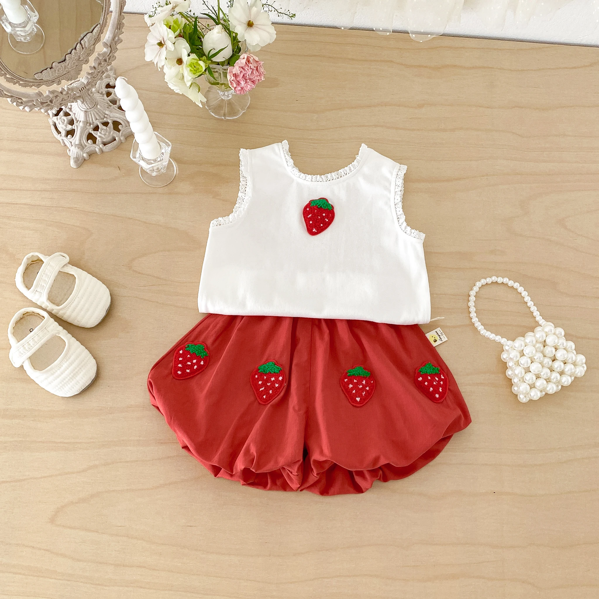 Summer Two-Piece Set for Baby Girls: Strawberry-Themed Vest and T-Shirt with Blooming Flower Pants, Stylish and Trendy